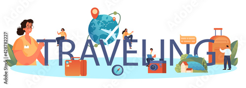 Traveling typographic header. Tourism expert selling tour, cruise, airway