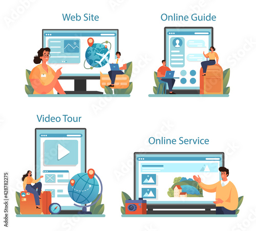 Tourism expert online service or platform set. Travel agent selling tour,