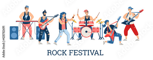 Rock music festival poster with musicians of rock band flat vector illustration.