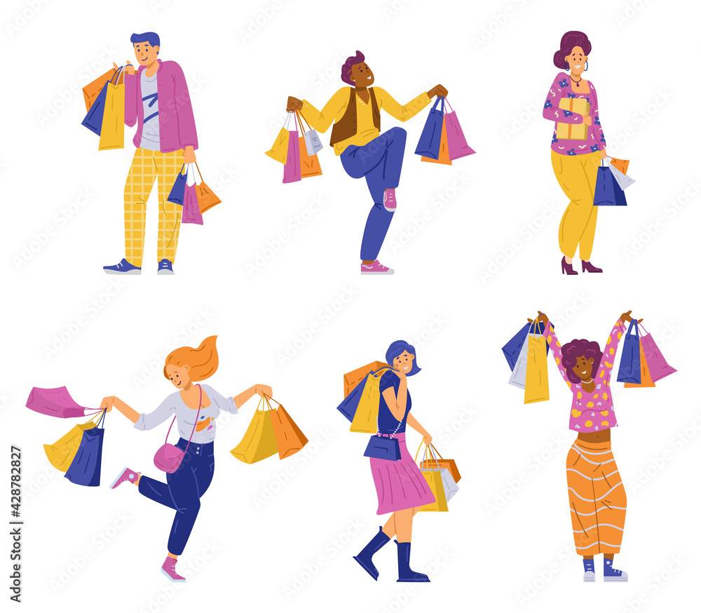 Happy shoppers with lot bags and packages a flat vector isolated illustrations