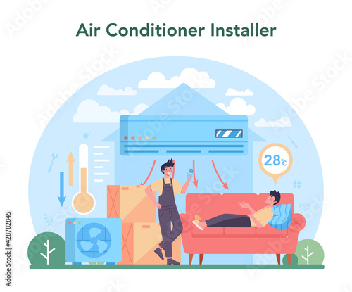 Air conditioning repair and instalation service. Repairman installing