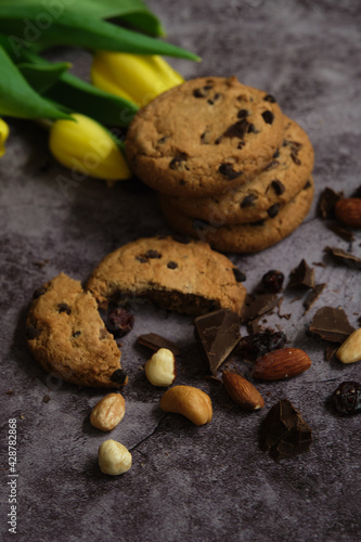 chocolate cookies and tulips on a gray background