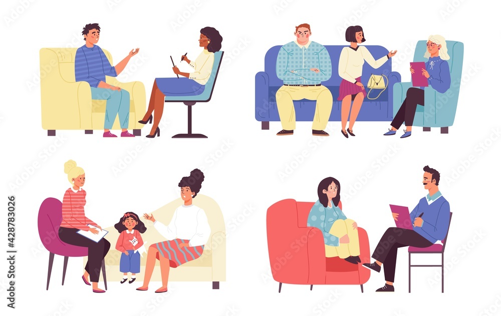 Set of characters with psychology problems needy in help psychologist. Set of characters with psychology problems needy in help psychologist.