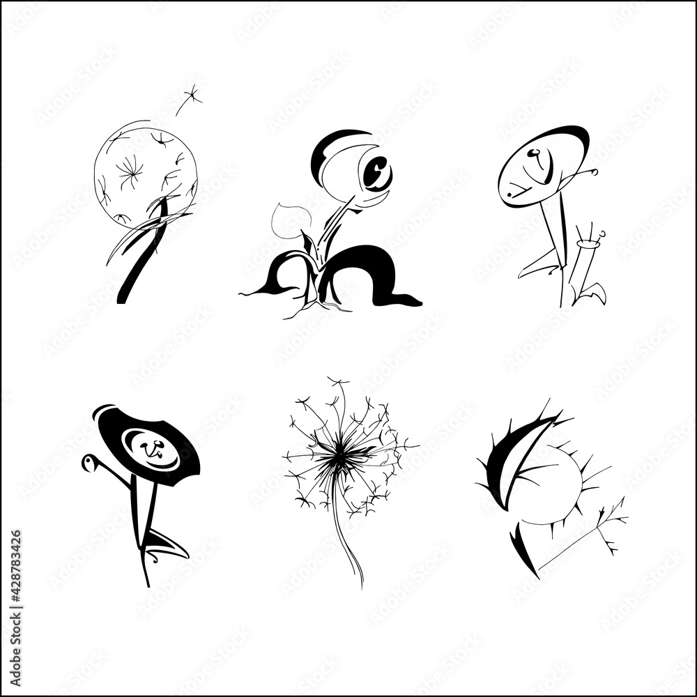 Set of hand drawn fantasy flowers. Spring summer flowers dandelion in different form, patterned design elements for logo, tatoo, cards. Vector illustration Set of hand drawn fantasy flowers. Spring summer flowers dandelion in different form, patterned design elements for logo, tatoo, cards. Vector illustration