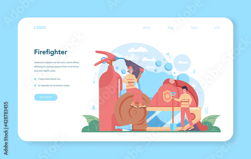 Fireman web banner or landing page. Professional fire brigade firhting