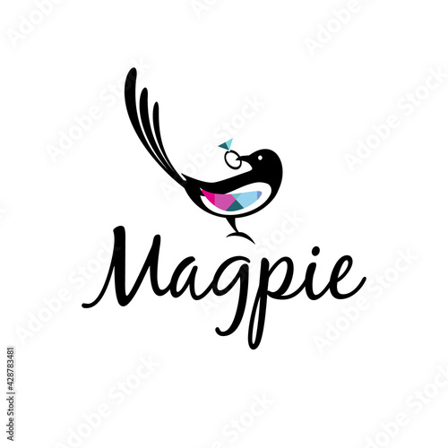 Magpie bird logo with diamond ring in its beak. For branding jewelry store, wedding, kids card. Vector illustration