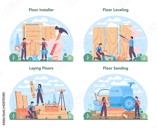 Flooring installer set. Professional parquet laying, wooden or tile floor