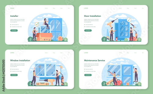 Installer web banner or landing page set. Worker in uniform installing window