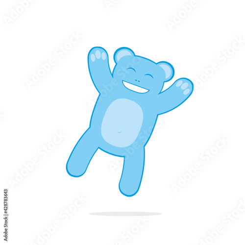 Blue happy teddy bear jumping. Cartoon character isolated on white. Vector illustration for cards, invitations, posters and prints