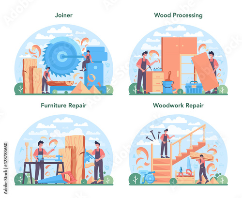 Joiner or carpenter concept set. Wooden furniture constructor
