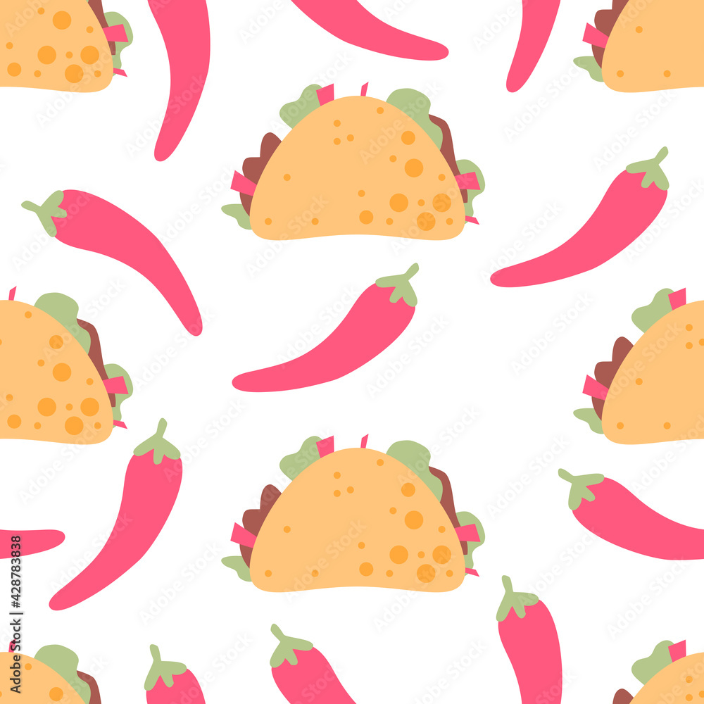 Chili And Taco pattern. Mexican food seamless pattern. Delicious taco and red paper Chili And Taco pattern. Mexican food seamless pattern. Delicious taco and red paper