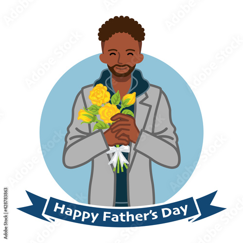 Smiling african man holding a yellow rose bouquet - Fathers day clip art