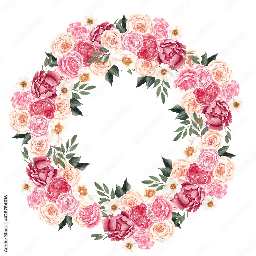Watercolor wreath with fruit and flowers, isolated on white background