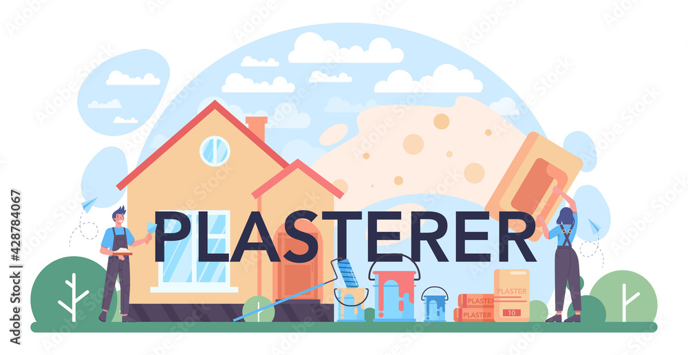 Plasterer typographic header. People in the uniform paint the wall with paint Plasterer typographic header. People in the uniform paint the wall with paint
