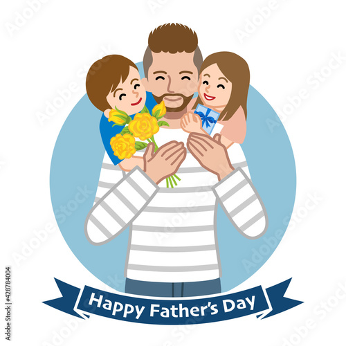 Two children give gifts for bearded father - Father's day clip art