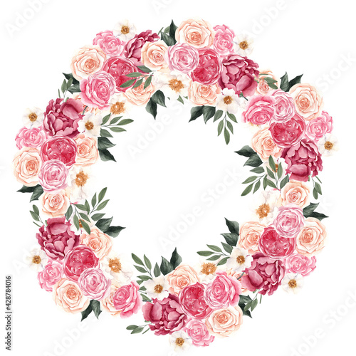 Watercolor wreath with fruit and flowers, isolated on white background