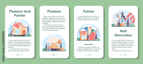 Painter mobile application banner set. People in the uniform paint
