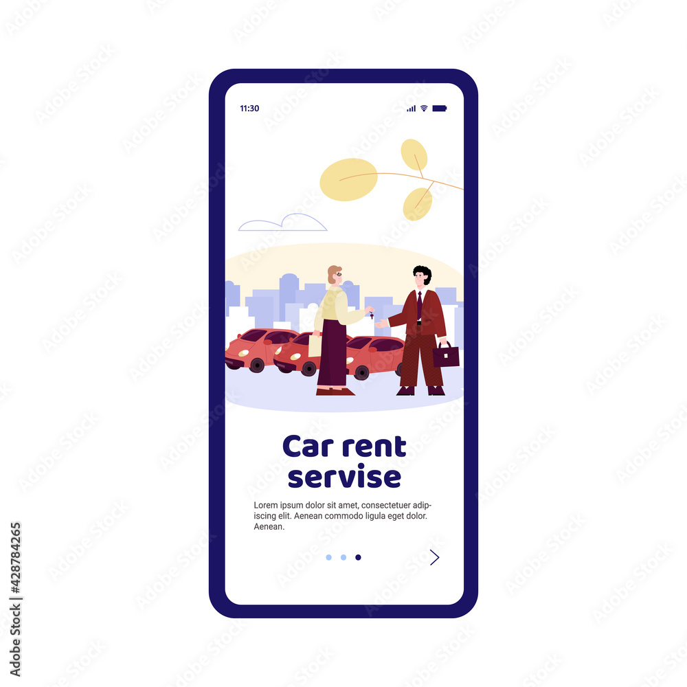 Onboarding page interface for car rental services, vector cartoon illustration.