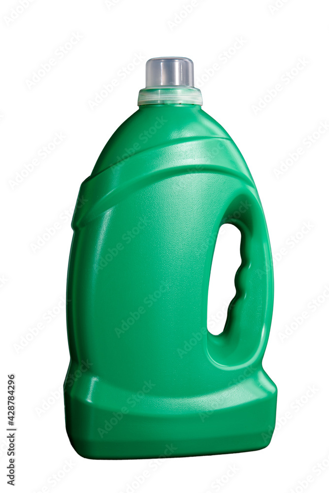 Blank plastic green bottle of laundry detergent or fabric softener isolated on white background. Mockup.