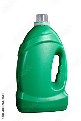 Obraz na płótnie Blank plastic green bottle of laundry detergent or fabric softener isolated on white background. Mockup. w salonie