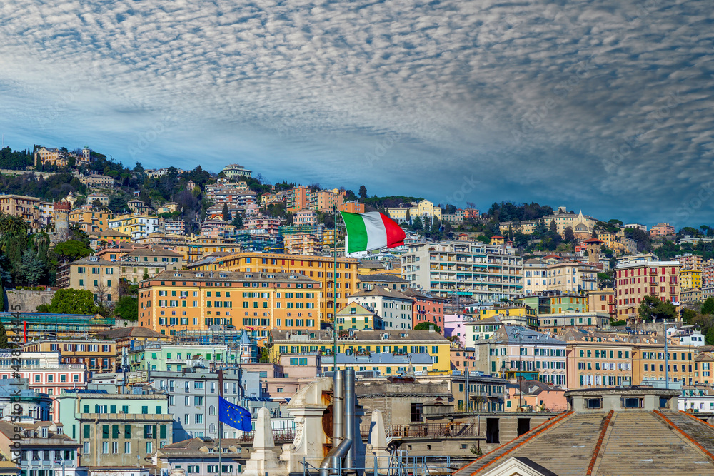 Panoramic view of port of Genoa with colorful houses