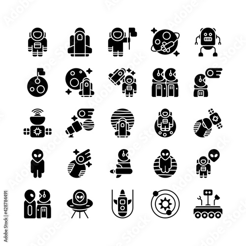 Set of astronaut, cosmonaut, astronomy, outer space glyph style icon and illustration