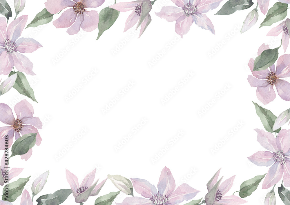   Border frame from lilac flowers of clematis with delicate buds and green leaves. Watercolor on a white background for the design of cards, invitations, borders, banners, backgrounds, prints.