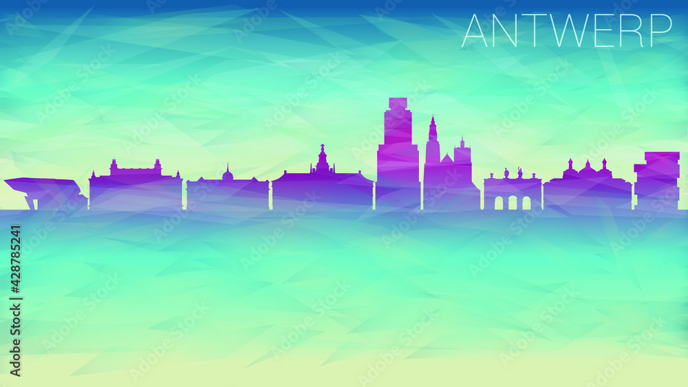 Antwerp Belgium City Skyline Vector Silhouette. Broken Glass Abstract Geometric Dynamic Textured. Banner Background. Colorful Shape Composition.