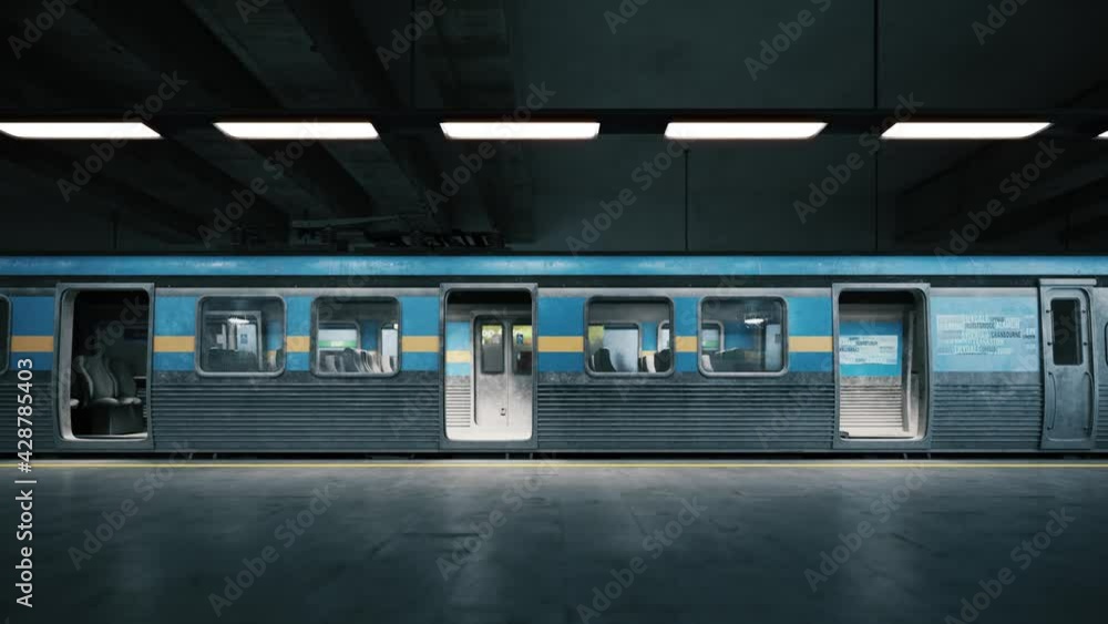 Subway train arriving to empty metro station. Empty train in subway station. Closing train door and leaving the station. 3d visualization Subway train arriving to empty metro station. Empty train in subway station. Closing train door and leaving the station. 3d visualization