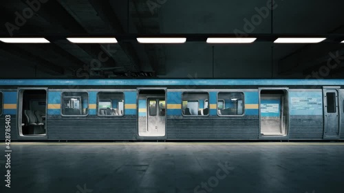 Subway train arriving to empty metro station. Empty train in subway station. Closing train door and leaving the station. 3d visualization photo