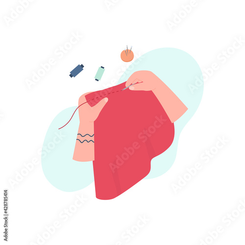 Hand sewing hobby and handicraft emblem or banner vector illustration isolated.