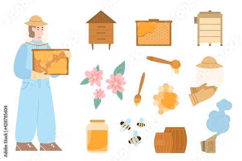 Icons on theme beekeeping - hives with bees, honey, beekeeper with honeycomb.