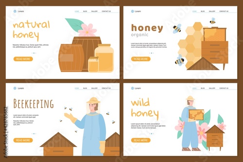 Set of colorful vector web banners on theme beekeeping and honey.