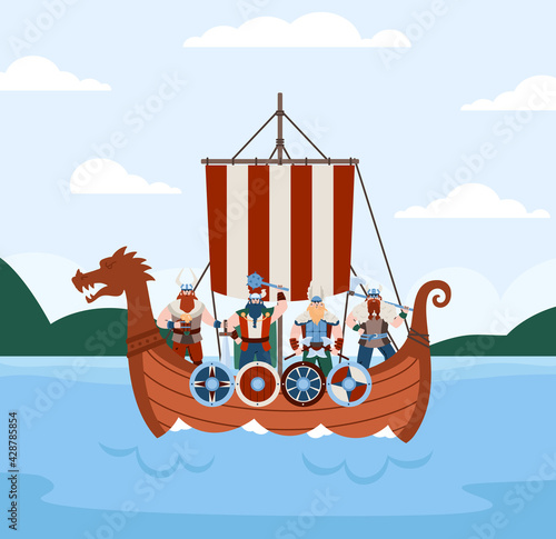 Banner with viking drakkar ship and warriors on board, flat vector illustration.