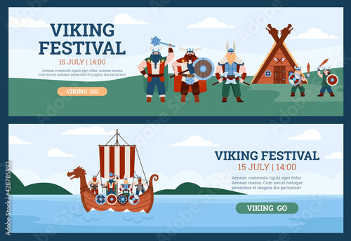 Flyers for viking festival with warriors in drakkar, flat vector illustration.