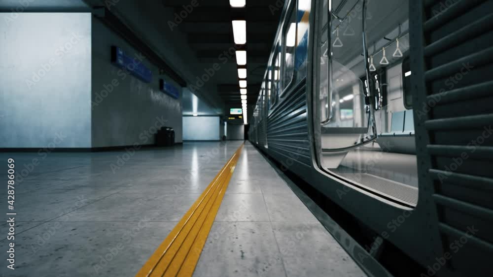 An empty subway train arrives at the station. Subway train arriving metro Station. Nobody gets out from subway train. No people from subway train. 3d visualization An empty subway train arrives at the station. Subway train arriving metro Station. Nobody gets out from subway train. No people from subway train. 3d visualization