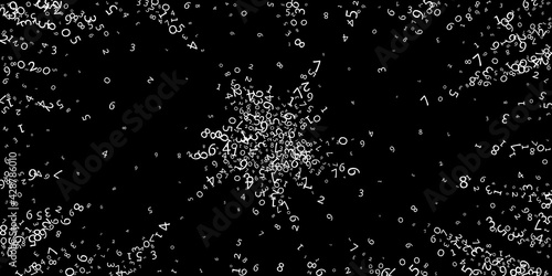 Falling numbers, big data concept. Binary white messy flying digits. Fascinating futuristic banner on black background. Digital vector illustration with falling numbers.