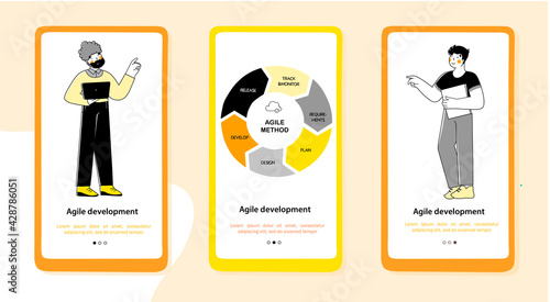 Agil method for marketing design. Flat onboarding mobile app page screen template