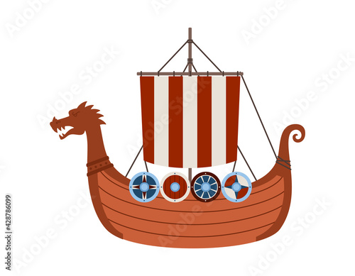 Viking drakkar boat with dragon at stern flat vector illustration isolated.
