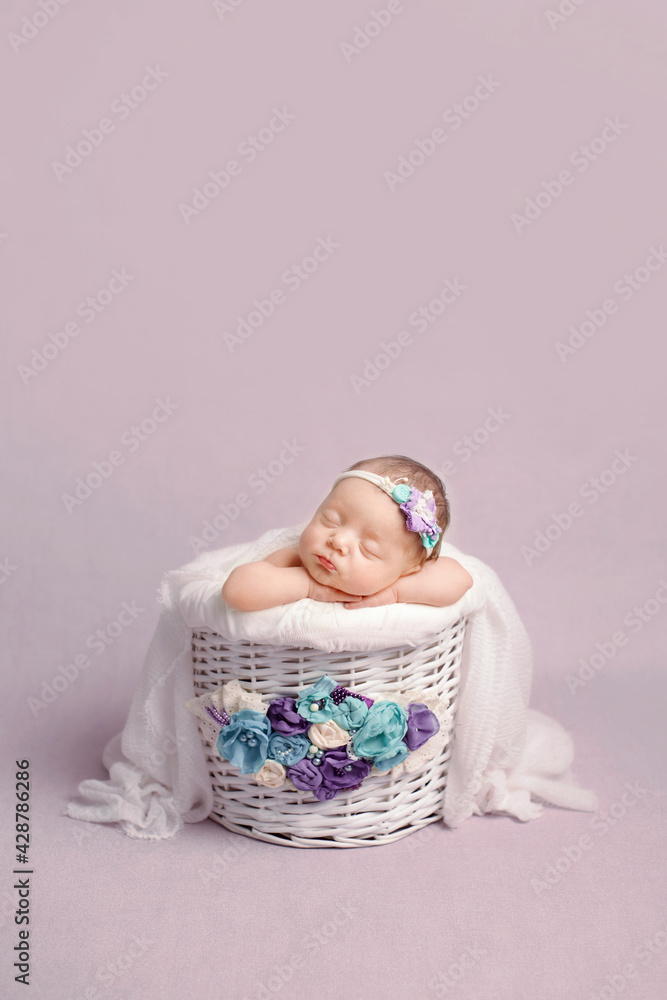 Newborn girl on a violet background. Photoshoot for the newborn. A portrait  of a beautiful newborn baby girl Stock Photo | Adobe Stock