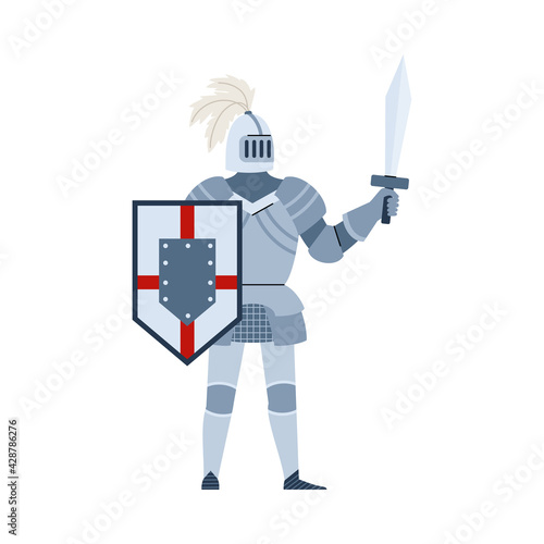 Medieval knight in armor and helmet with sword flat vector illustration isolated.