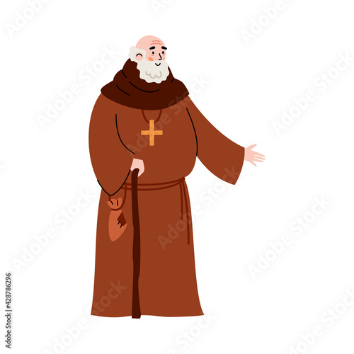 Fototapeta Medieval priest or monk cartoon character, flat vector illustration isolated