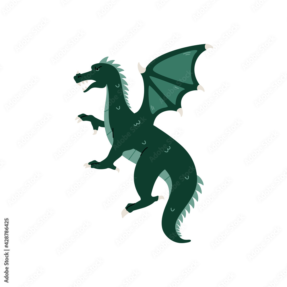 Medieval green dragon cartoon character, flat vector illustration isolated. Medieval green dragon cartoon character, flat vector illustration isolated.
