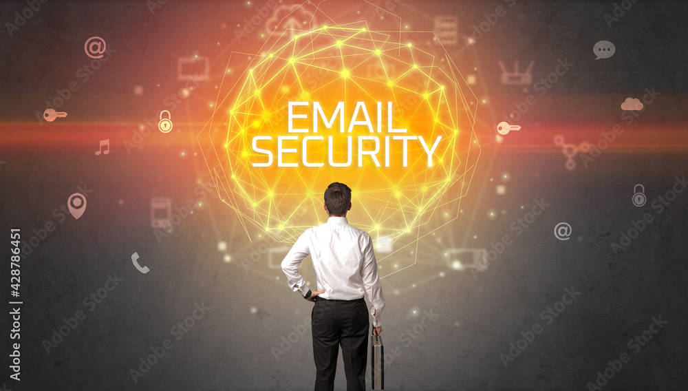 Rear view of a businessman, online security concept Rear view of a businessman, online security concept