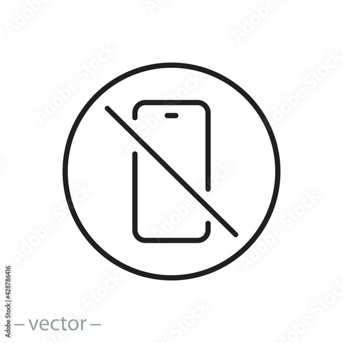 no phone icon, cellphone prohibited, off mobile please, stop using device, ban zone, thin line symbol on white background - editable stroke vector eps10