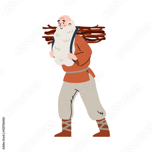 Old man in medieval clothes with brushwood, flat vector illustration isolated.