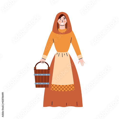 European medieval woman with wood bucket, flat vector illustration isolated.