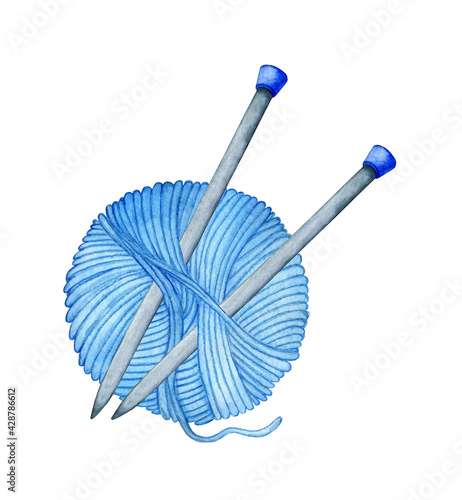 Watercolor illustration of knitting needles inserted into a skein of blue yarn. Knitting. Creativity, needlework, knitting. Logo, design. Isolated over white background. Drawn by hand.
