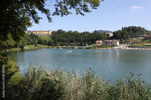 Lavarone lake in foreground with the Grand hotel in background. Folgaria upland. Trentino, italy