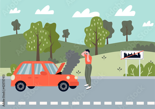 A car breaking down accidentally on the road. Break down of the car on the country road. A man calls the service to help. A defective auto with smoke from the hood. Flat vector illustration.